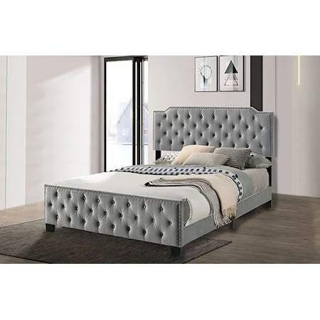 Contemporary Gray Upholstered Queen Bed with Button Tufting