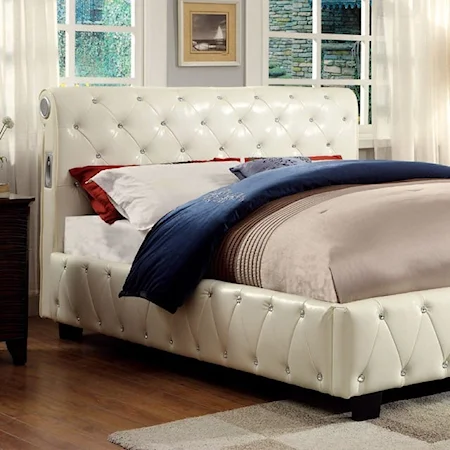 Contemporary California King Sleigh Bed with Upholstered Frame and Bluetooth Speakers