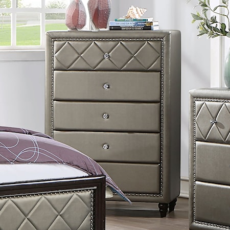 Glam Upholstered 5-Drawer Chest with Diamond Tufting and Nailhead Trim
