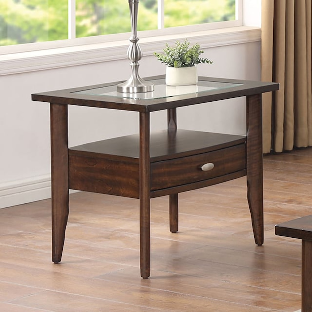 Furniture of America Riverdale Dark Walnut End Table with Glass Top