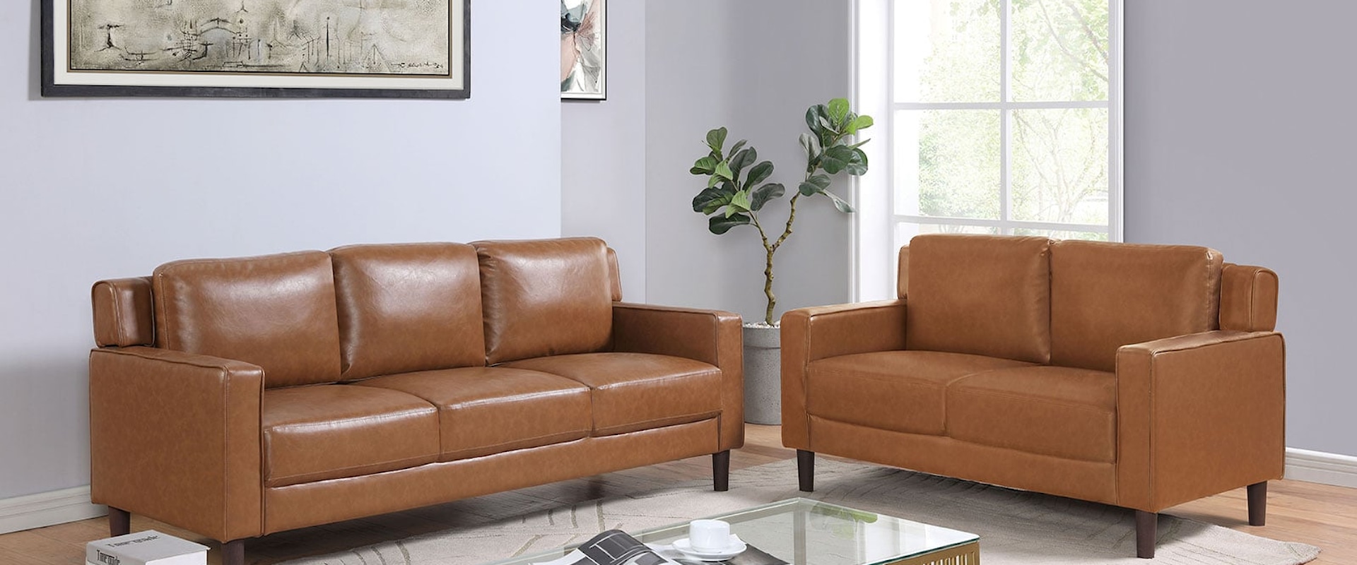 Contemporary Faux Leather Sofa and Loveseat Set - Camel