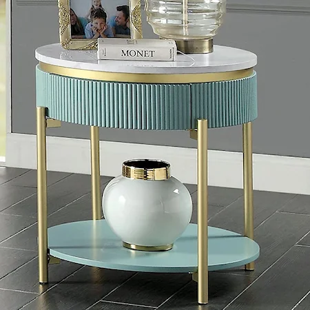 Glam Koblenz Storage End Table with Gold Steel and Faux Marble Top - Light Teal