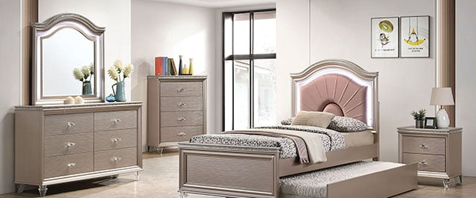 Contemporary Glam 4-Piece Full Bedroom Set with Trundle