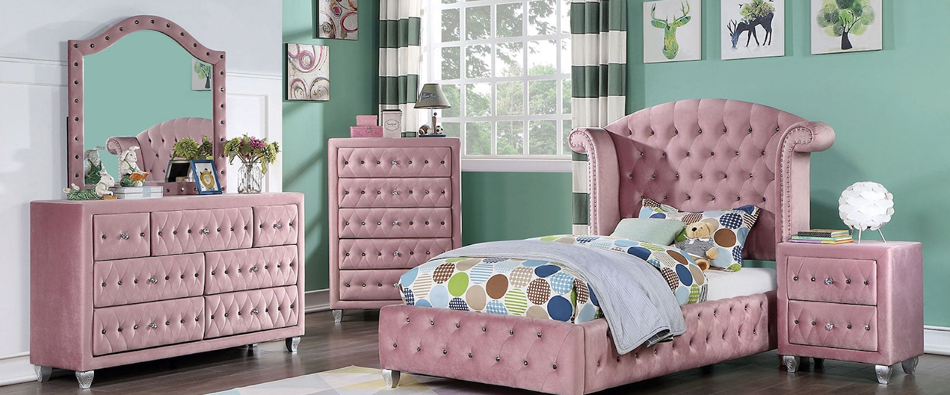 Glam 4-Piece Twin Bedroom Set with Upholstered Tufting