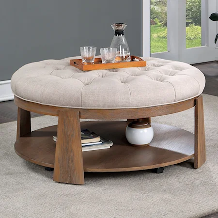 Transitional Round Upholstered Coffee Table with Open Bottom Shelf - Beige