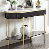 Glam Koblenz Storage Sofa Table with Gold Steel and Faux Marble Top - Dark Walnut