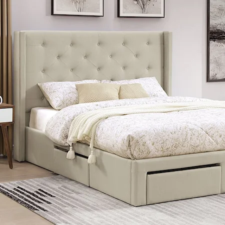 Mitchelle Contemporary Upholstered Queen Low Profile Storage Bed with Tufted Wingback Headboard - Beige