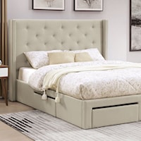 Mitchelle Contemporary Upholstered Queen Low Profile Storage Bed with Tufted Wingback Headboard - Beige
