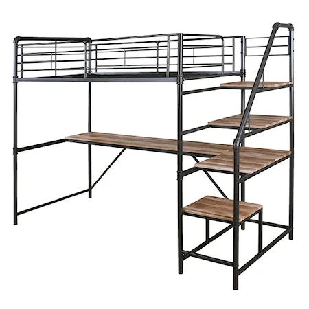 Industrial Youth Loft Bunk Bed with Built-In Desk