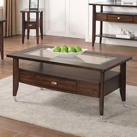 Transitional Dark Walnut Coffee Table with Glass Top