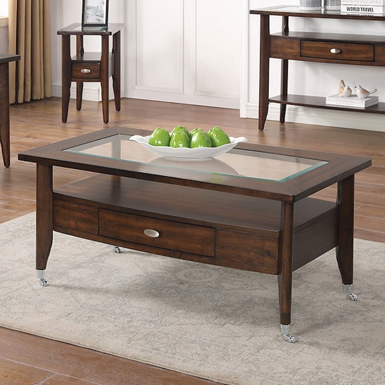 Furniture of America Riverdale  Dark Walnut Coffee Table with Glass Top