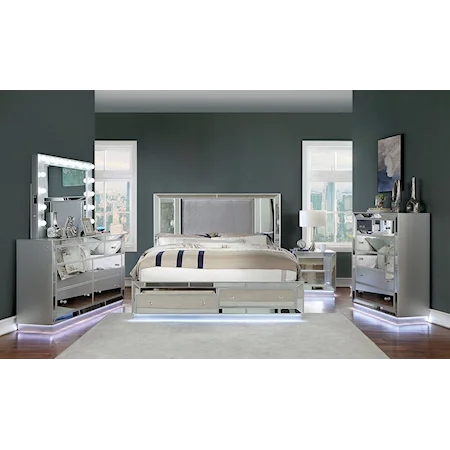 Glam 5-Piece Queen Bedroom Set w/Built in LED Lighting & Two Nightstands