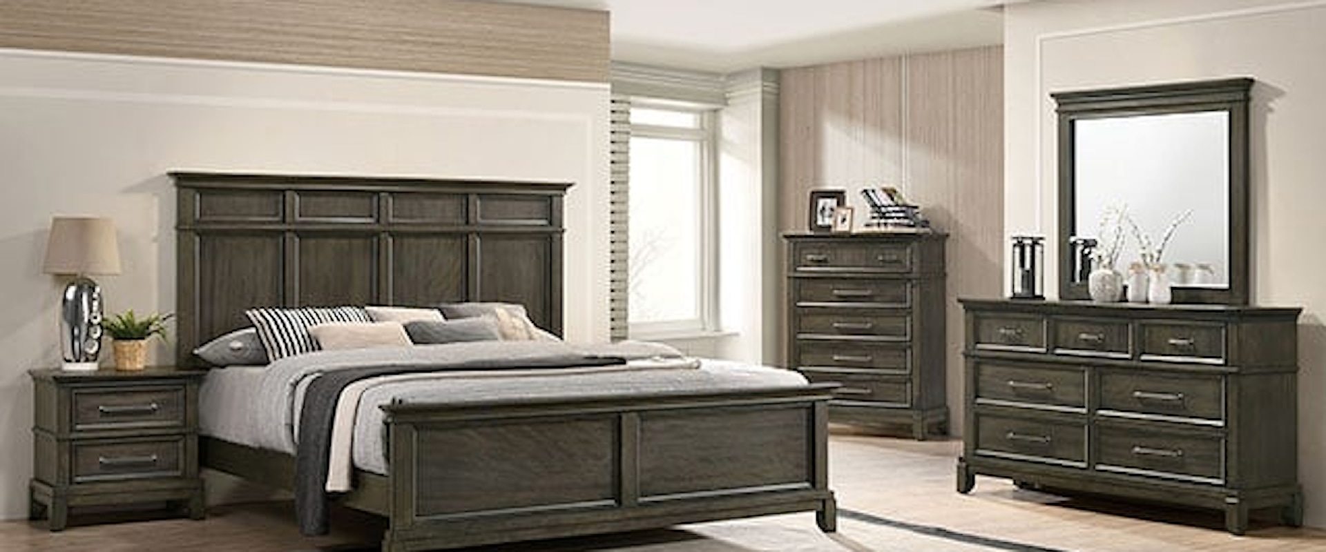 Traditional 5-Piece King Panel Bed with Crown Molding Bedroom Set