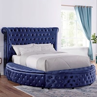 Sansom Glam Upholstered Queen Round Bed with USB Ports - Blue