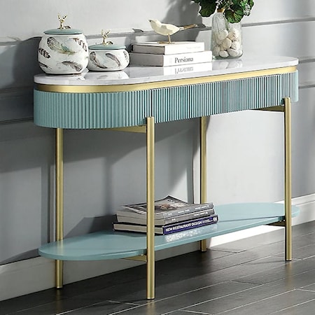 Glam Koblenz Storage Sofa Table with Gold Steel and Faux Marble Top - Light Teal