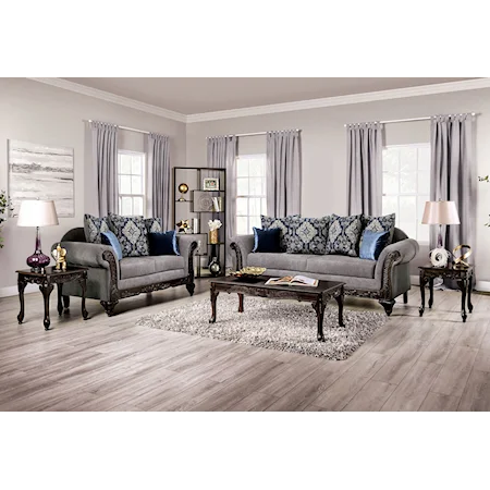 Traditional Sofa and Loveseat with Wood Carved Details
