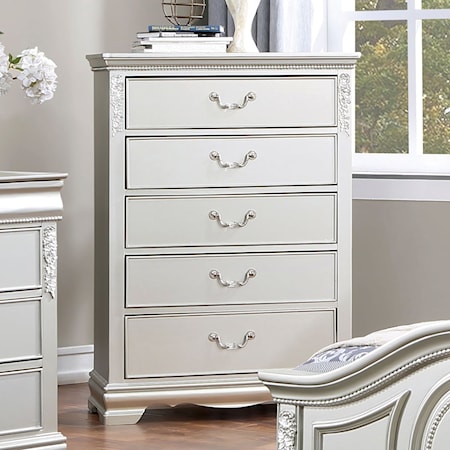 Transitional 5-Drawer Chest with Carved Wood Accents