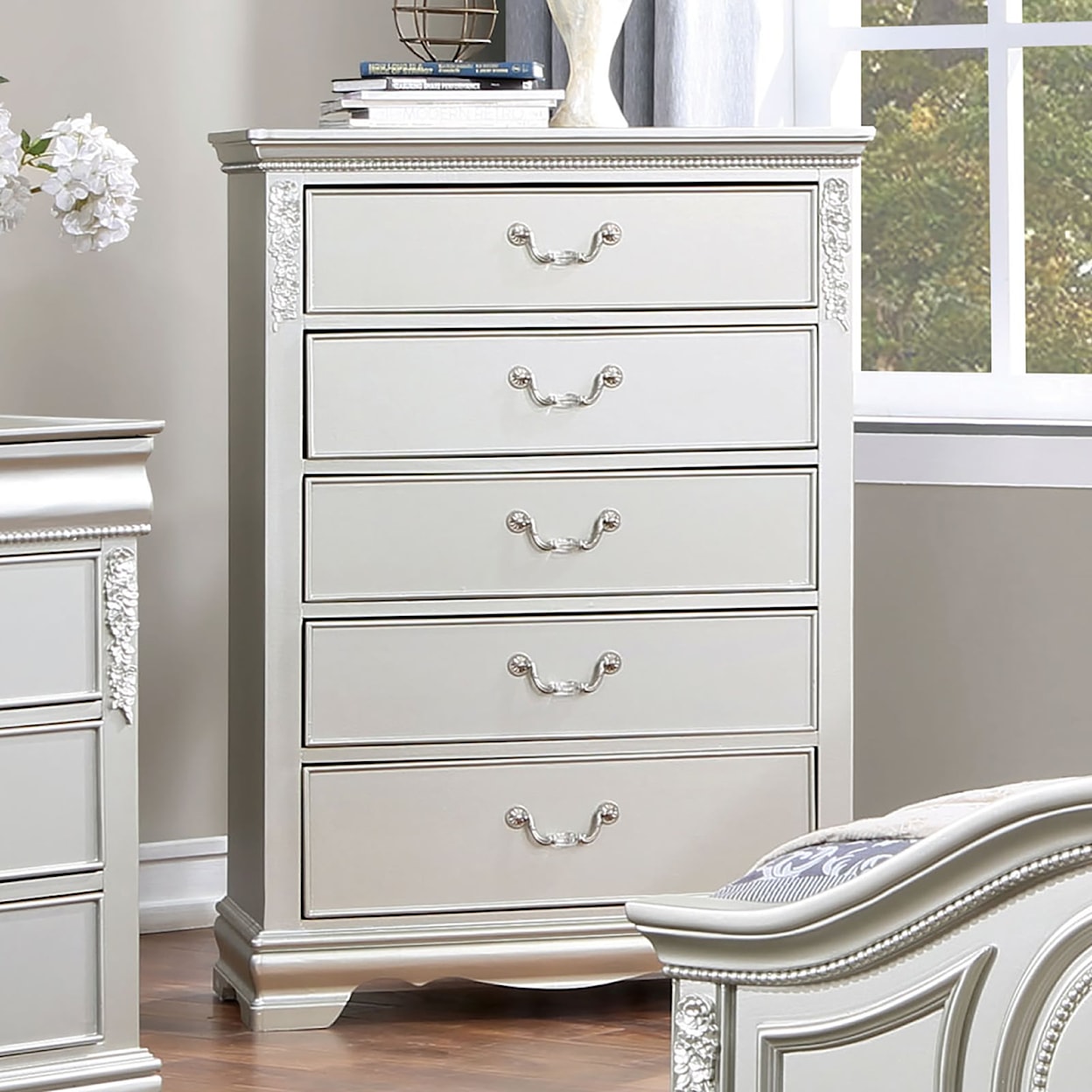 Furniture of America - FOA Alecia 5-Drawer Chest with Carved Wood Accents