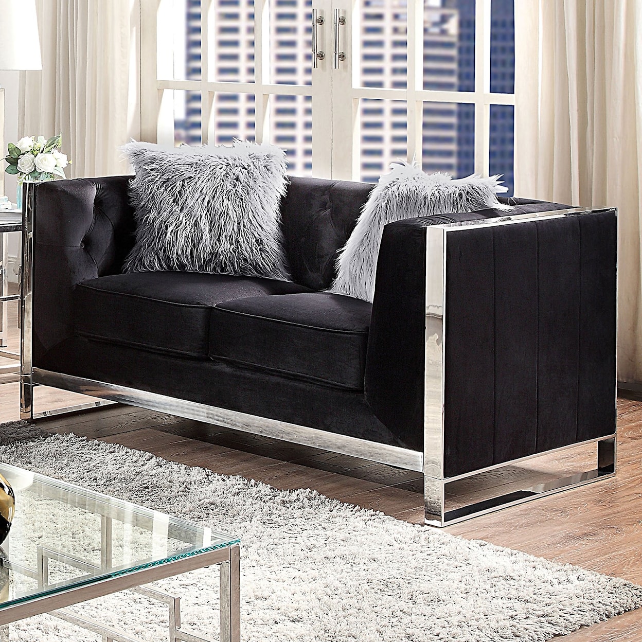 Furniture of America EVADNE Black Loveseat with Pillows