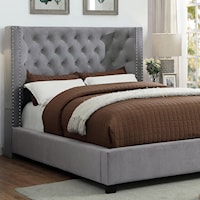 Transitional King Upholstered Bed with Wingback Headboard