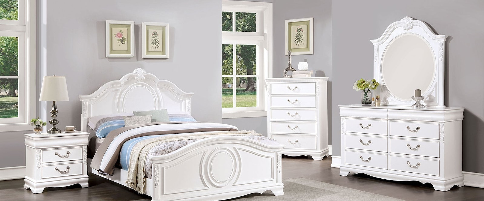 Transitional 4-Piece Full Bedroom Set with Carved Wood Details