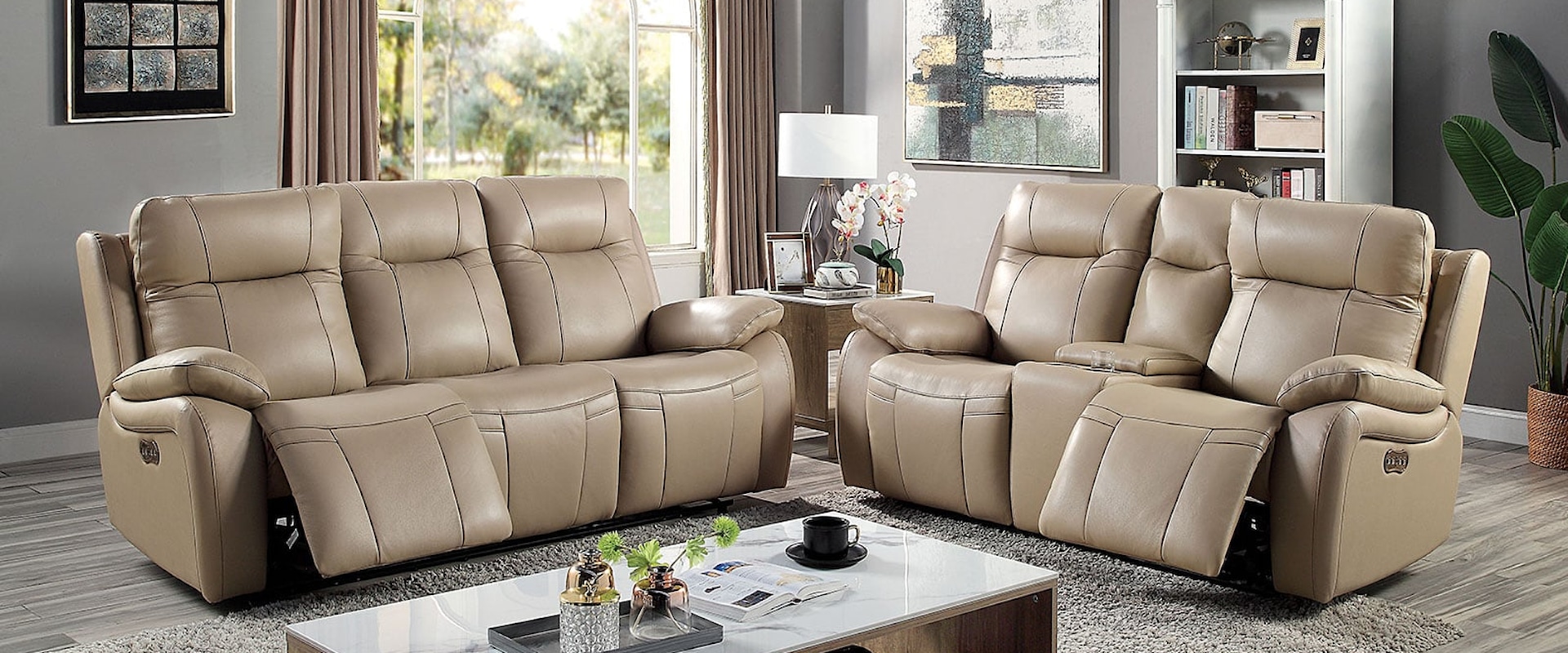 Transitional Power Loveseat and Sofa with USB Port(s) - Light Brown