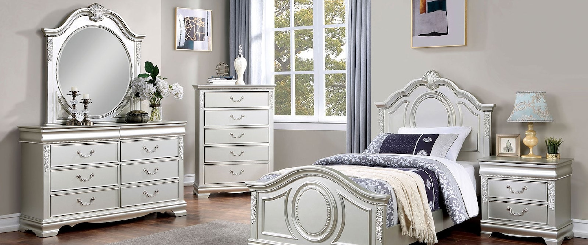 Transitional 4-Piece Full Bedroom Set with Carved Wood Details