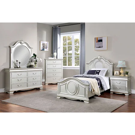 Transitional 4-Piece Full Bedroom Set with Carved Wood Details