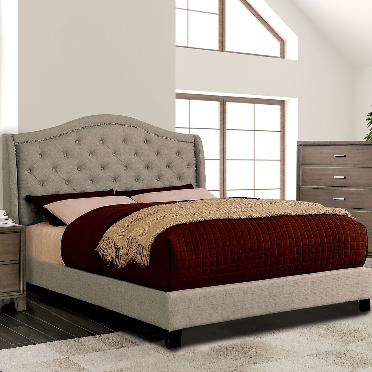 Furniture of America - FOA Carly Queen Bed, Warm Gray