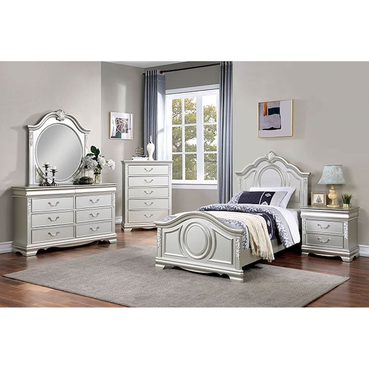 Furniture of America Alecia Twin Bed with Wood Carved Details