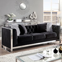 Evadne Glam Sofa with Metal Accents and Faux-Fur Pillows - Black