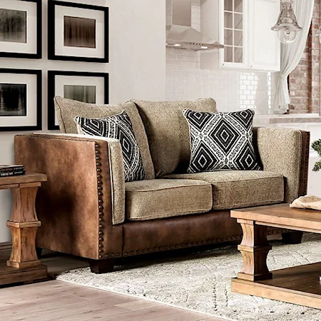 Transitional Rustic Loveseat with Nailhead Trim