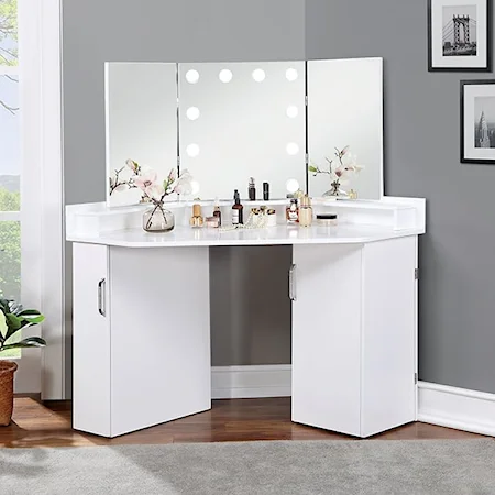 Glam White Vanity Desk with Storage Doors