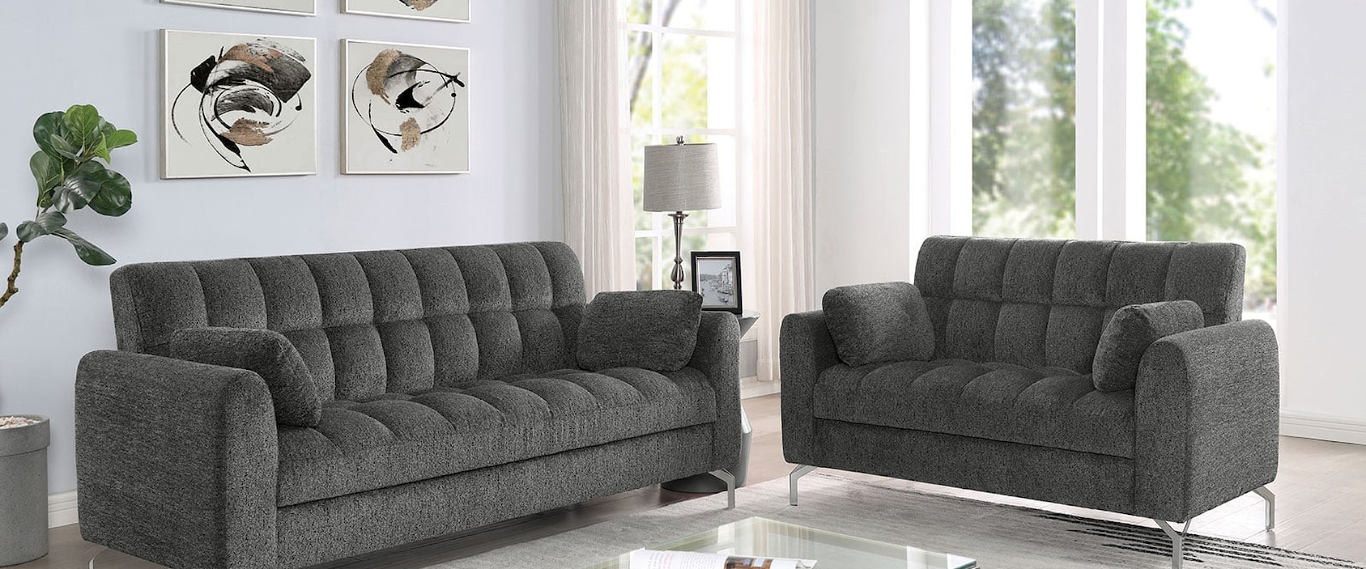 Contemporary Sofa and Loveseat with Biscuit Tufting