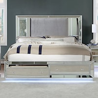 Glam Queen Panel Bed w/LED Lights & Footboard Storage