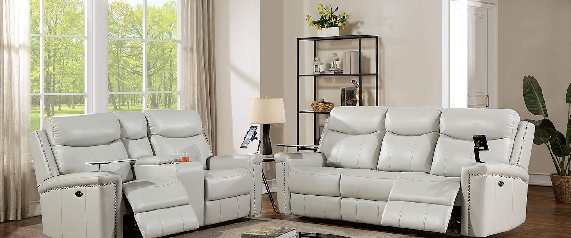 Transitional Power Loveseat and Sofa with Nailhead Trim and USB Port(s)