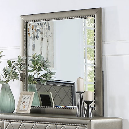 Glam Upholstered Dresser Mirror with Nailhead Trim