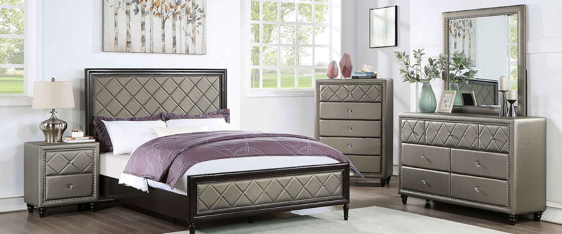 Glam 5-Piece Queen Upholstered Panel Bedroom Set with Chest