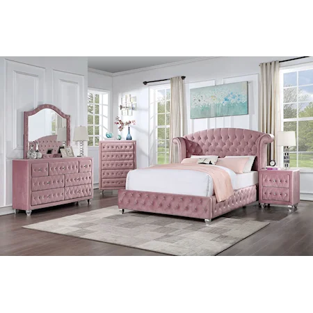 Glam 5-Piece Queen Bedroom Set with 2 Nightstands and Tufted Upholstery
