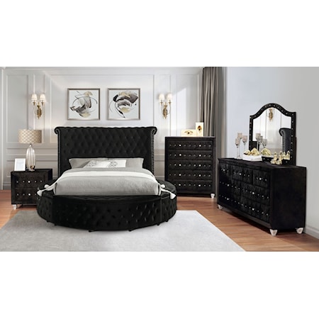 5-Piece Glam Upholstered Queen Round Bed with Chest