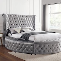 Sansom Glam Upholstered Queen Round Bed with USB Ports - Gray