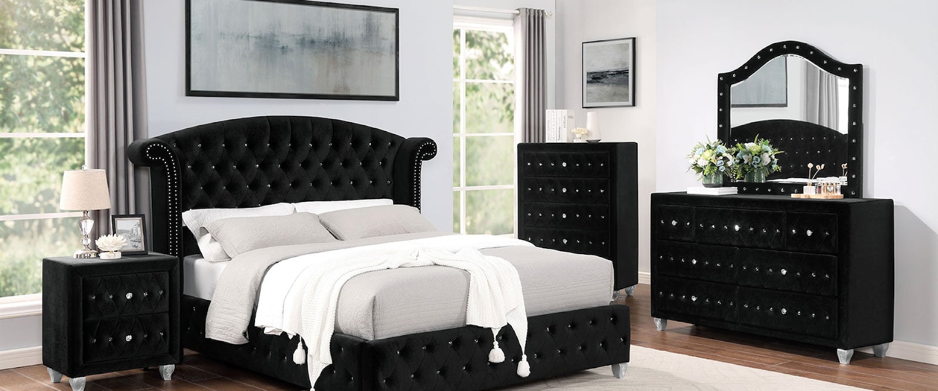 Glam 4-Piece Queen Bedroom Set with Upholstered Tufting