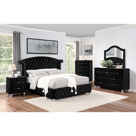 Glam 5-Piece Queen Bedroom Set with 2 Nightstands and Tufted Upholstery
