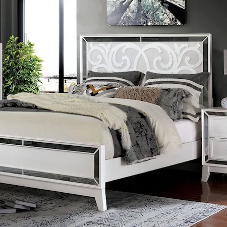 Contemporary Two Tone King Panel Bed with Foliage Inlay Headboard