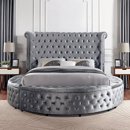 Sansom Glam Upholstered King Round Bed with USB Ports - Gray