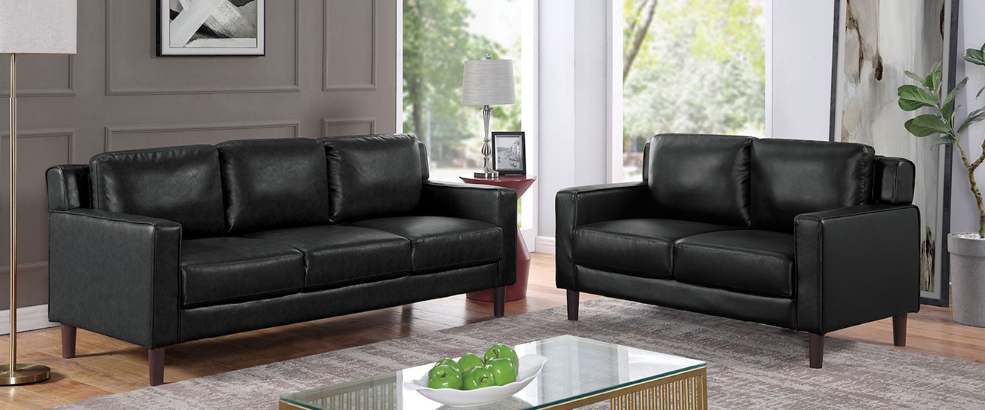 Contemporary Faux Leather Sofa and Loveseat Set - Black