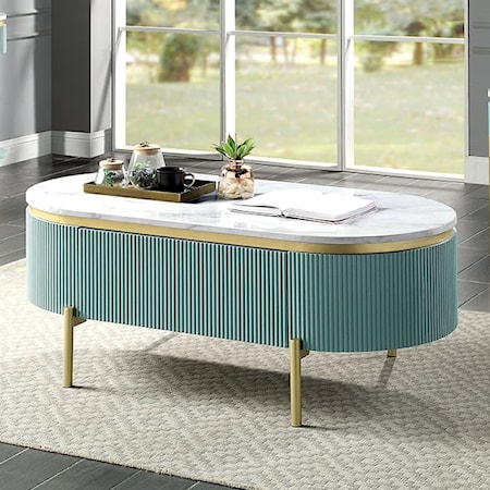Glam Koblenz Storage Coffee Table with Gold Steel and Faux Marble Top - Light Teal