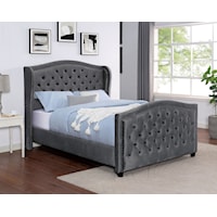 Transitional Upholstered King Bed with Button Tufting and Nailhead Trim