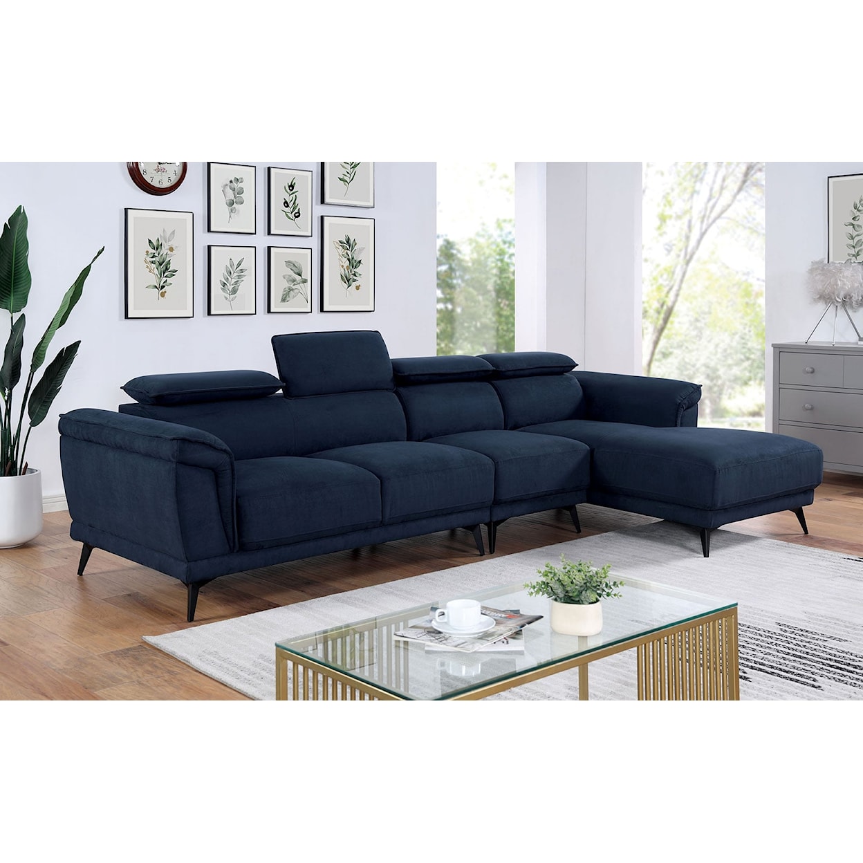 Furniture of America Napanee 3-Piece Sectional with Armless Chair, Navy
