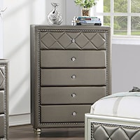 Glam Upholstered 5-Drawer Chest with Diamond Tufting and Nailhead Trim